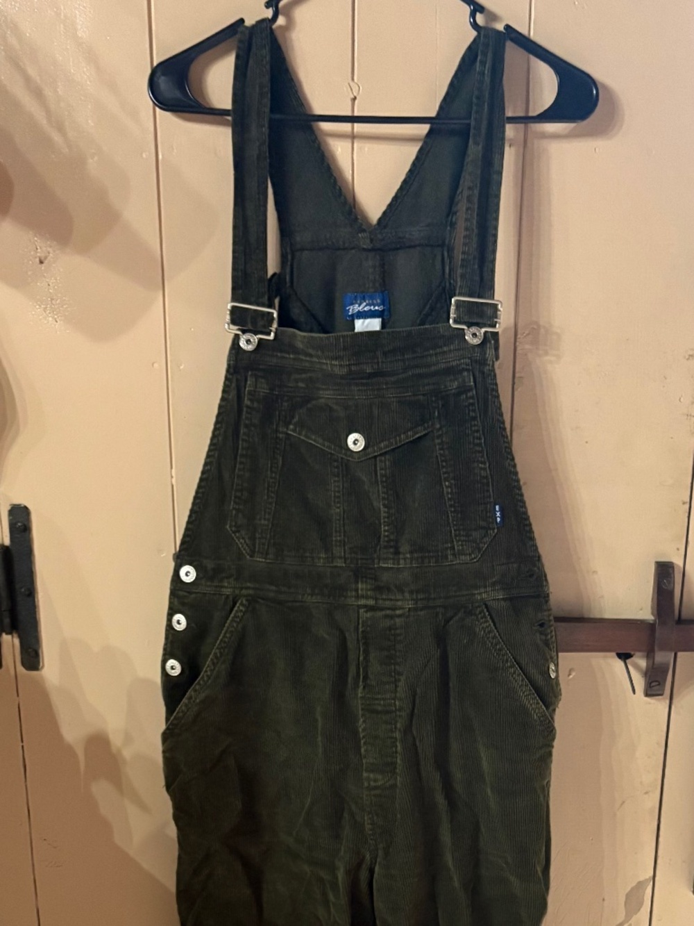 Express Blues olive green bib overalls, size medium